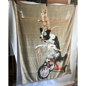Border Collie Dog, Cat, & Mice On Tricycle  " Balancing Life " Vintage Blanket